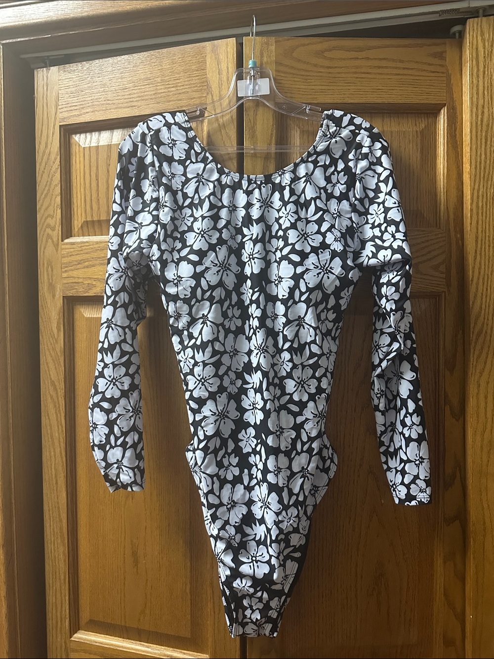 Black and White Floral Long-Sleeve One-Piece Swimsuit